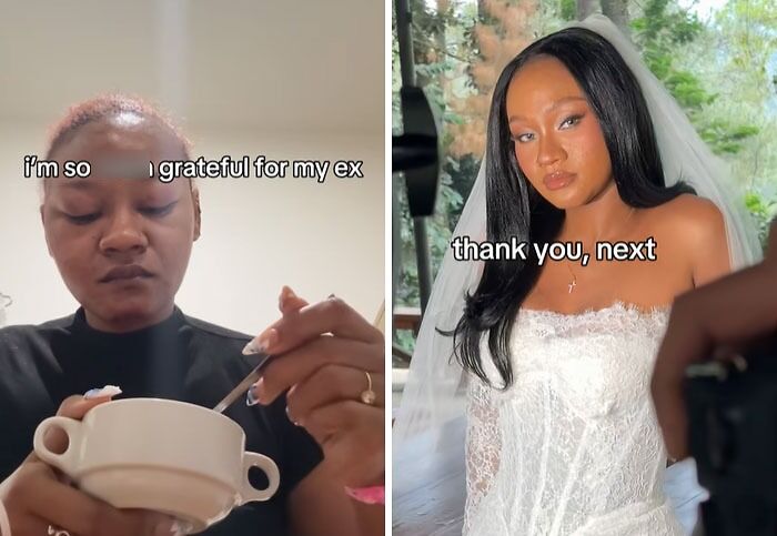 Before and after transformation featuring a woman expressing gratitude for her ex and saying thank you next.