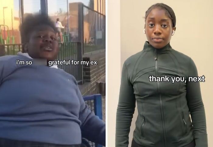 Before and after post-breakup transformation photos showing gratitude for my ex and saying thank you next.