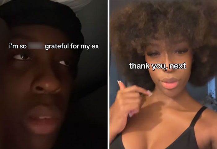 Split image of two young people expressing post-breakup transformations with gratitude and confidence, thank you next message visible.