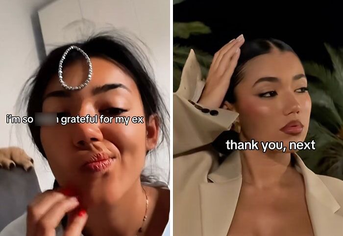 Split image showing a casual woman with a hair clip and a glamorous woman posing, illustrating post-breakup transformation.