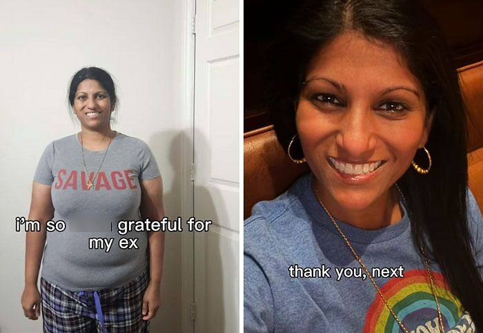 Before and after post-breakup transformation of woman smiling and looking confident, showcasing gratitude and growth.