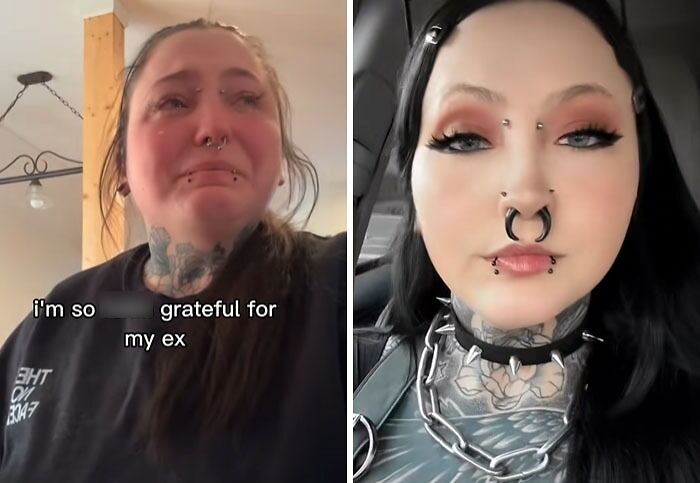 Before and after post-breakup transformation showing a woman grateful for her ex with a bold new goth appearance.