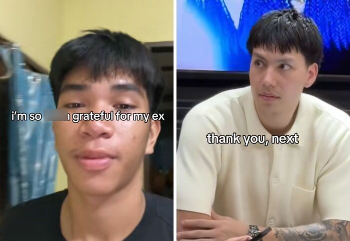 Two young men in separate frames with text about being grateful for an ex and saying thank you next, showing post-breakup transformation.