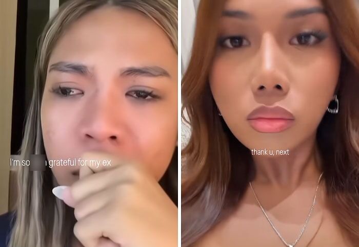 Two women showing emotional and confident expressions highlighting post-breakup transformations and gratitude after breakups.
