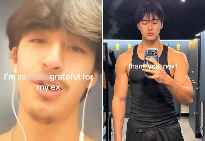 Side-by-side post-breakup transformation photos of a young man with text grateful for my ex and thank you next.