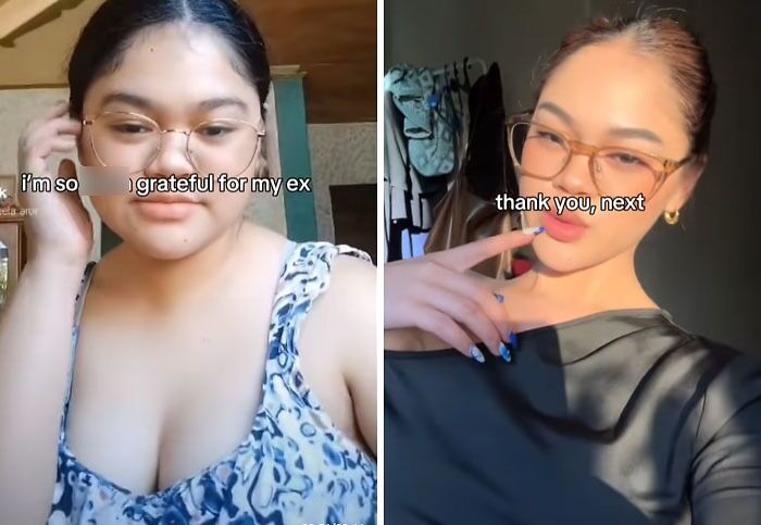 Before and after post-breakup transformations showing gratitude and empowerment with thank you next attitude and glasses.