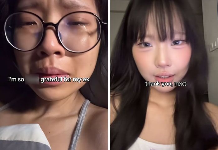 Side-by-side images showing dramatic post-breakup transformations with text grateful for my ex thank you next.