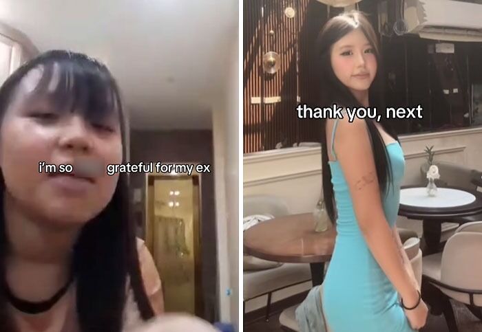 Side-by-side images showing a woman’s post-breakup transformation with grateful for my ex and thank you next text.