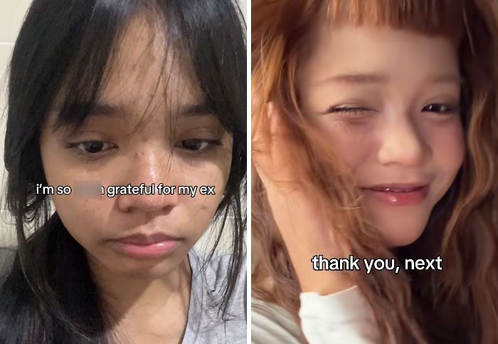 Before and after post-breakup transformation showing emotional growth and confidence with thankful attitude toward ex.