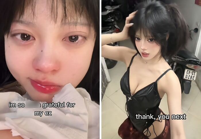 Before and after post-breakup transformation showing gratitude and confidence in a bold new look, highlighting personal growth and change.