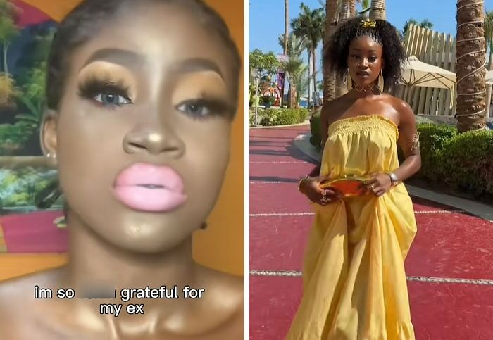 Split image showing a woman’s post-breakup transformation with makeup close-up and walking outside in a yellow dress.