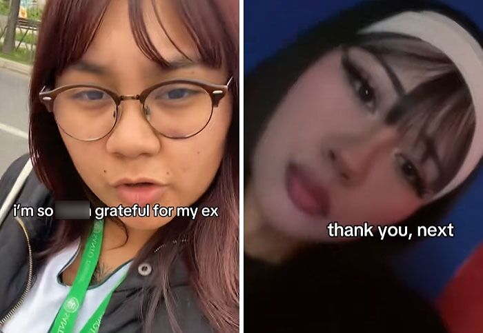 Side-by-side images showing a post-breakup transformation with the phrase grateful for my ex, thank you next.