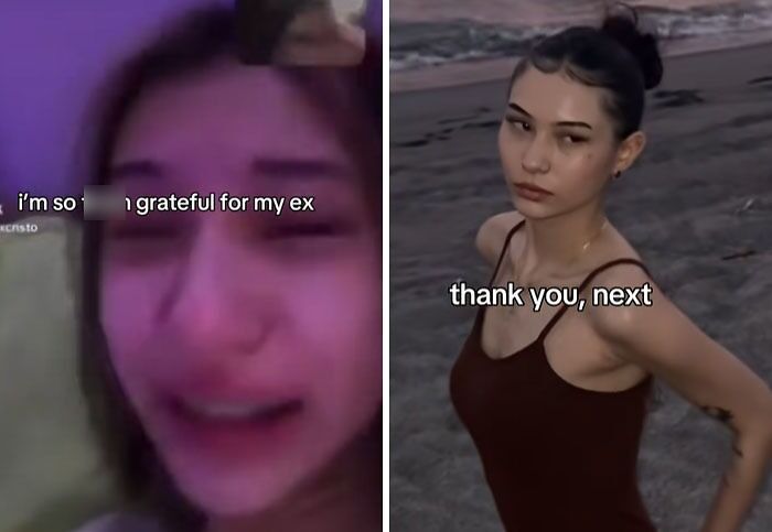 Split image showing a crying woman saying grateful for my ex and a confident woman saying thank you next post-breakup transformation.