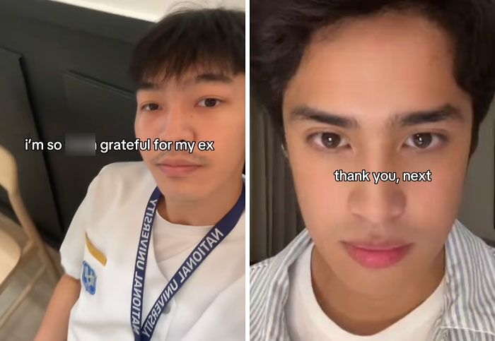 Young man showing post-breakup transformation with captions expressing gratitude and moving on, thank you next theme.