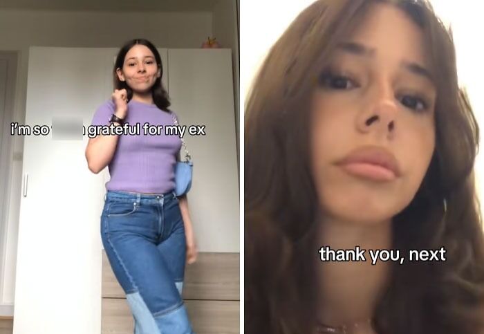 Split image of a young woman in casual outfit saying grateful for my ex and a close-up with text thank you next post-breakup transformation.