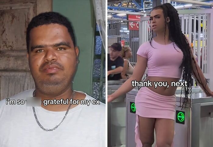 Before and after post-breakup transformations featuring gratitude and empowerment with thank you next attitude.