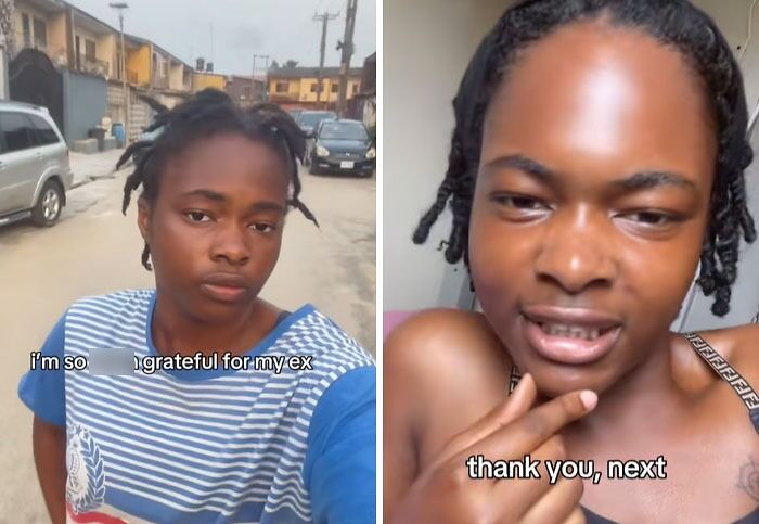 Before and after photos of a young person showing post-breakup transformation with captions grateful for my ex thank you next