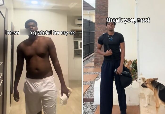 Before and after post-breakup transformation of a young man, expressing gratitude and saying thank you next.