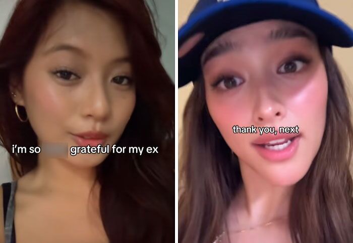 Two women showing post-breakup transformations, expressing gratitude and saying thank you next with confident expressions.