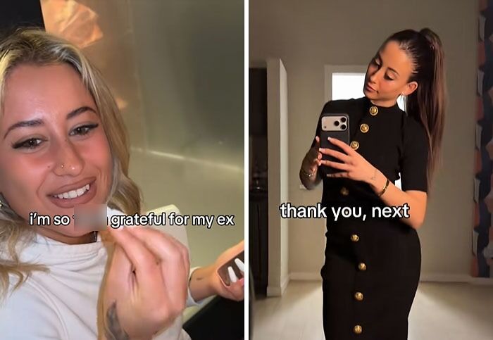 Young woman showing post-breakup transformations, expressing gratitude and confidence with thank you next message.