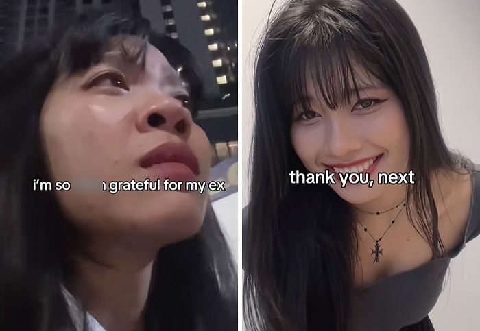 Before and after post-breakup transformation showing gratefulness for ex and a confident thank you next attitude.