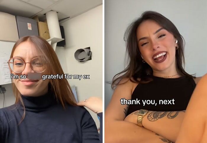 Two women smiling and expressing gratitude with text overlay about being thankful for their ex in a post-breakup transformation.