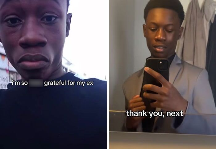 Side-by-side transformation photos of a young man showing post-breakup gratitude and confidence with thank you next message.