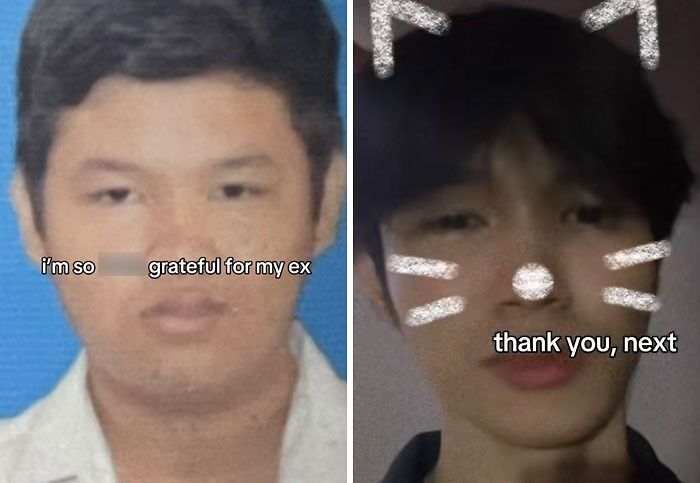 Before and after post-breakup transformations showing gratitude and moving on with thank you next attitude.