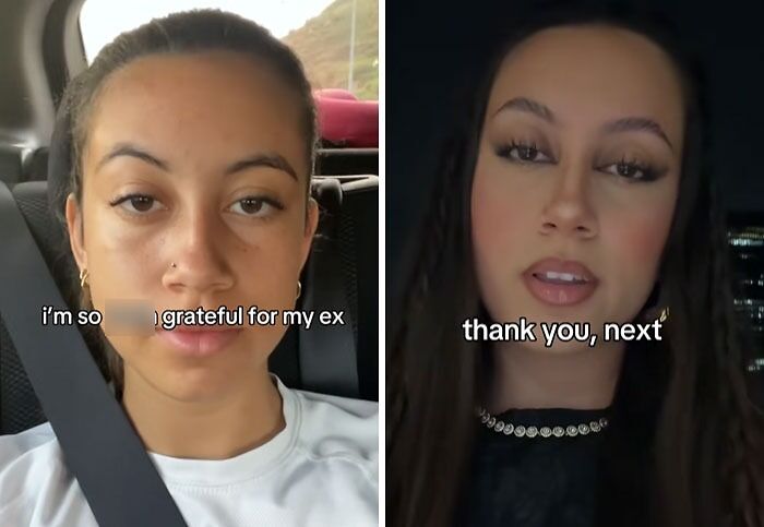 Side-by-side images of a young woman showing a post-breakup transformation with gratitude and confidence.