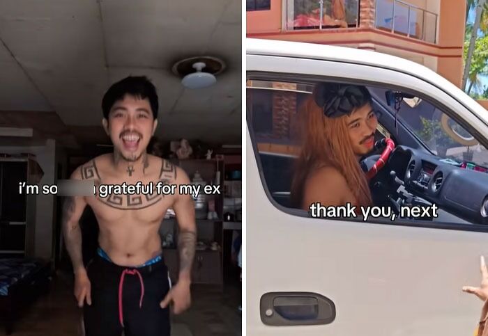 Young man showing post-breakup transformation, expressing gratitude for ex and saying thank you next in two side-by-side scenes.