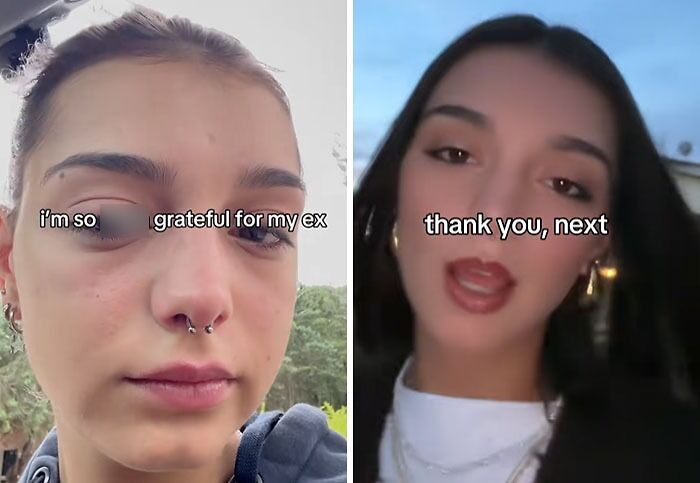 Young woman showing post-breakup transformation with grateful and confident expressions, illustrating thank you next theme.