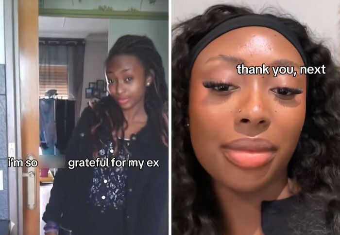 Young woman showing post-breakup transformation with captions expressing gratitude for ex and saying thank you next.