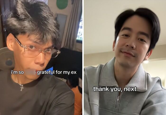Side-by-side photos of a man showing post-breakup transformations with grateful and thank you next captions.