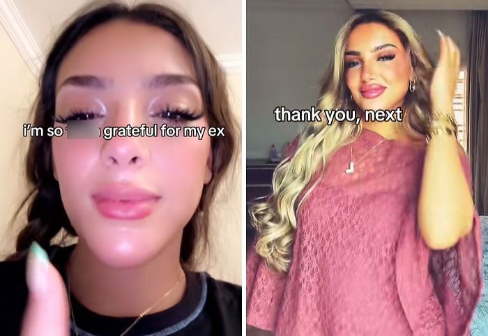Side-by-side images of a woman showing post-breakup transformations with text grateful for my ex and thank you next.