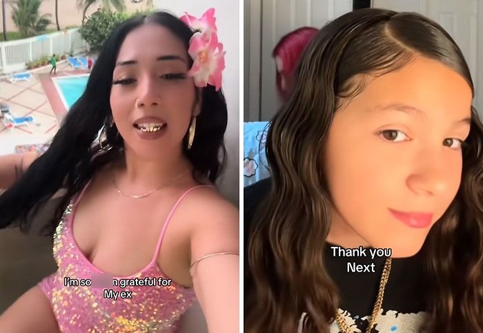 Two women showing post-breakup transformations with confident expressions and text about gratitude and thank you next.