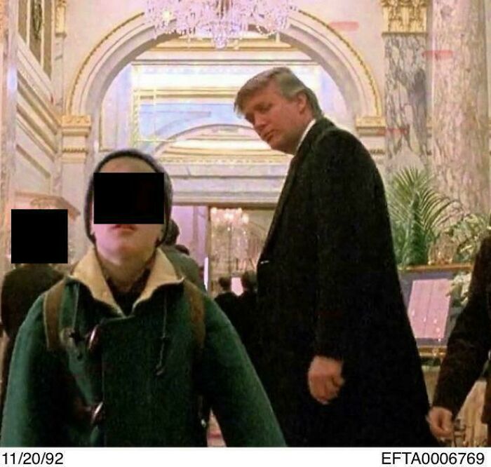 Man resembling Donald Trump looking at a child with obscured face inside an ornate building, weird and confusing image.