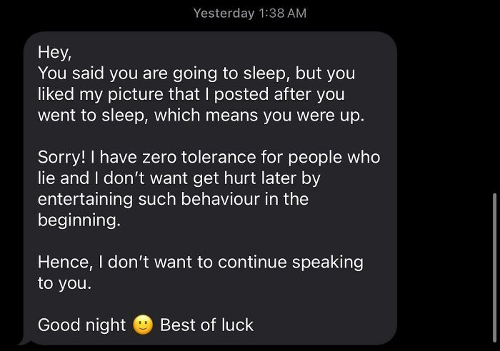 A text message showing a red flag in a relationship, where someone ends things due to perceived lying about sleeping.