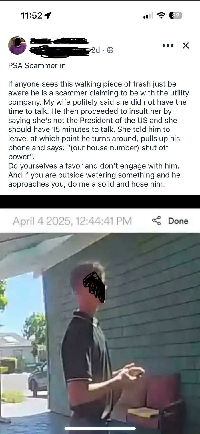 A hilarious and wild screenshot from a neighborhood online community post warning about a scammer impersonating a utility worker, captured via doorbell camera.