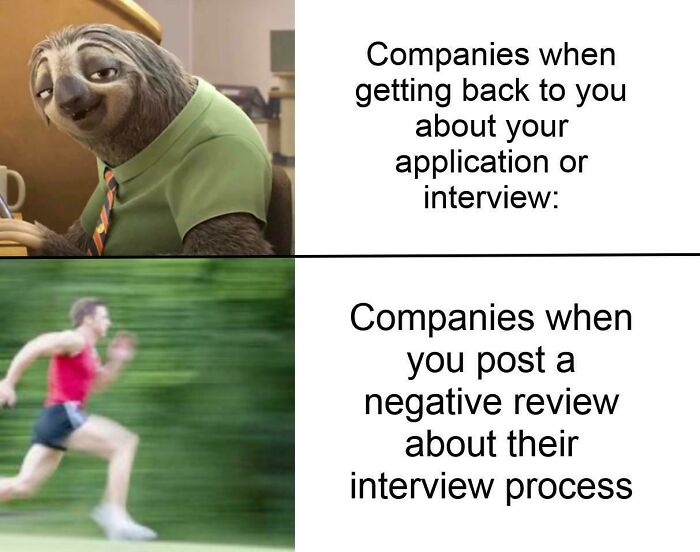 A split image humorously depicting the slow pace of companies in getting back to job applicants versus their speed in responding to negative reviews about their recruiting process, highlighting recruiting hell.