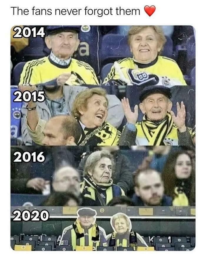 Elderly fans showing heartwarming loyalty at games from 2014 to 2020, spreading positivity and devotion over the years.