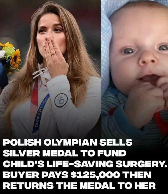 Polish Olympian sells silver medal to fund child's surgery, buyer pays $125,000 then returns the medal in heartwarming story.
