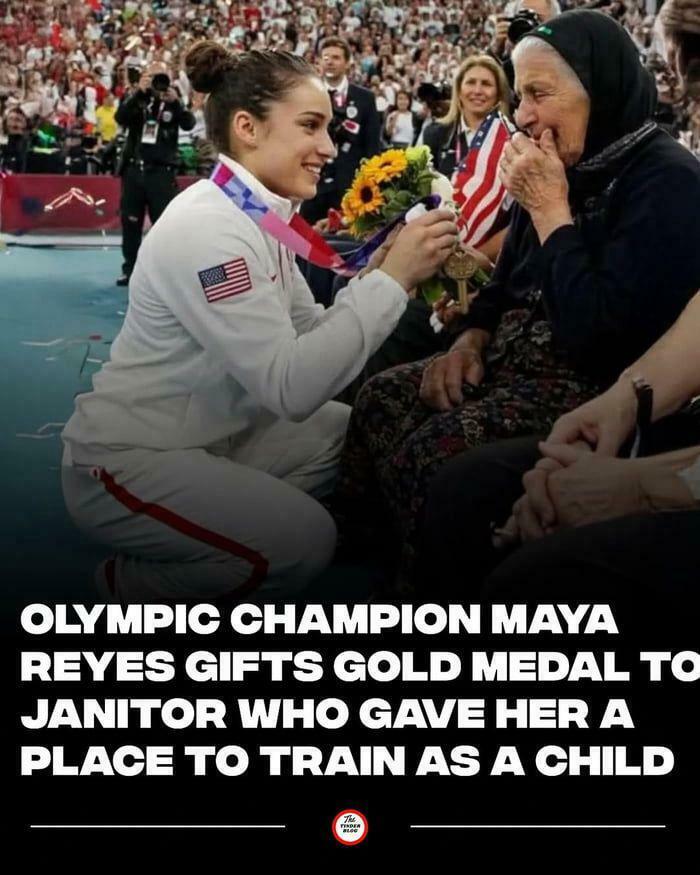 Olympic champion Maya Reyes warmly gifts gold medal to janitor who helped her train, showcasing heartwarming positivity.