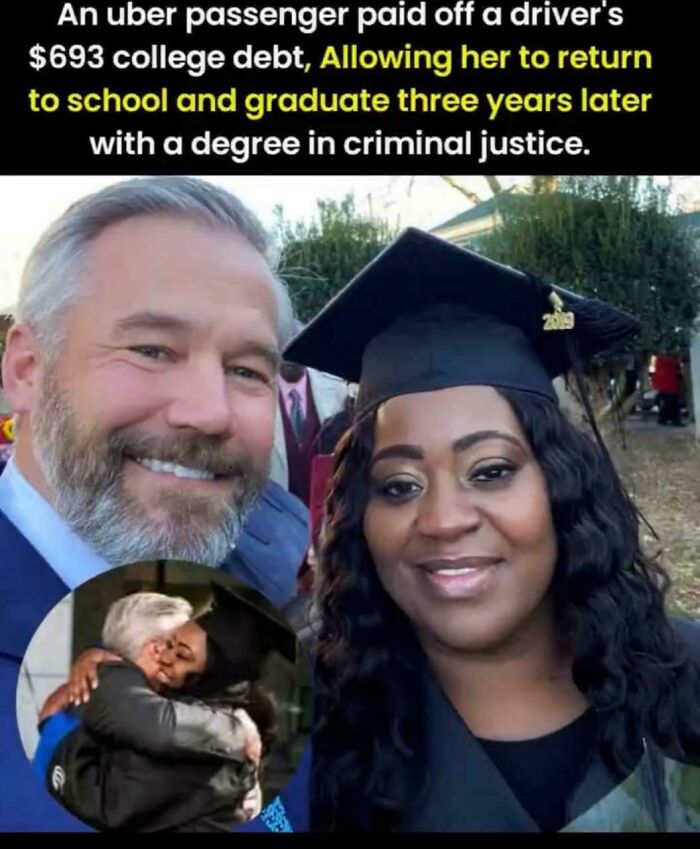 Smiling graduate woman with cap and man celebrating kindness in heartwarming posts about positivity and hope.