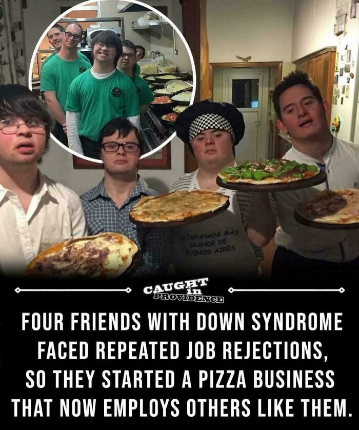 Four friends with Down syndrome holding pizzas, inspiring positivity through their successful pizza business.