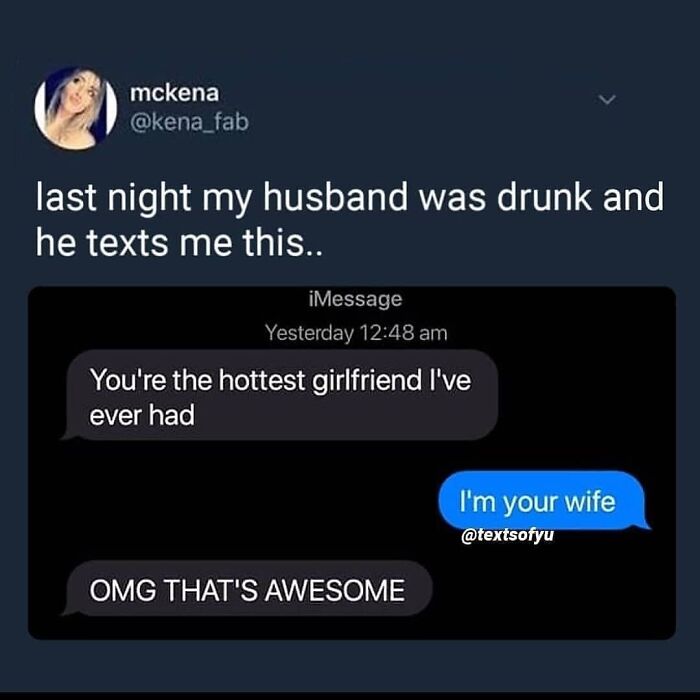 Text message exchange showing a husband’s drunk text compliment, adding a heartwarming moment of positivity.