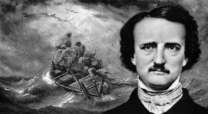 Black and white image of Edgar Allan Poe with a stormy sea and a stranded lifeboat illustrating mysterious events and urban myths.