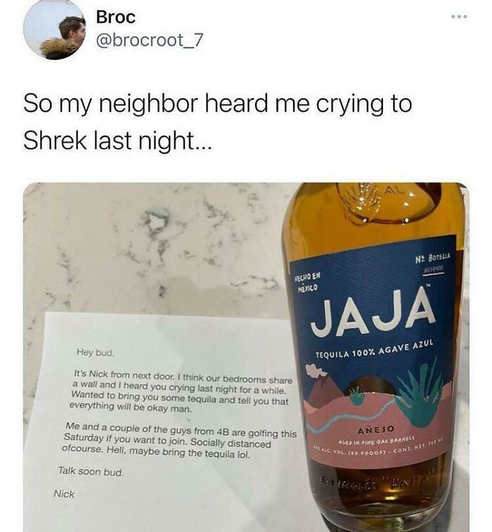 Handwritten note from neighbor offering tequila and support, sharing heartwarming posts for positivity and kindness.