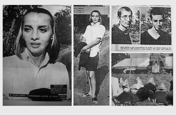 Vintage black and white photos depicting mysterious events and urban myths with people and a flying saucer sign.