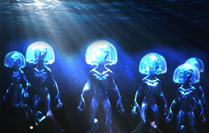 Bioluminescent humanoid figures underwater representing mysterious events and urban myths in a dark aquatic setting.