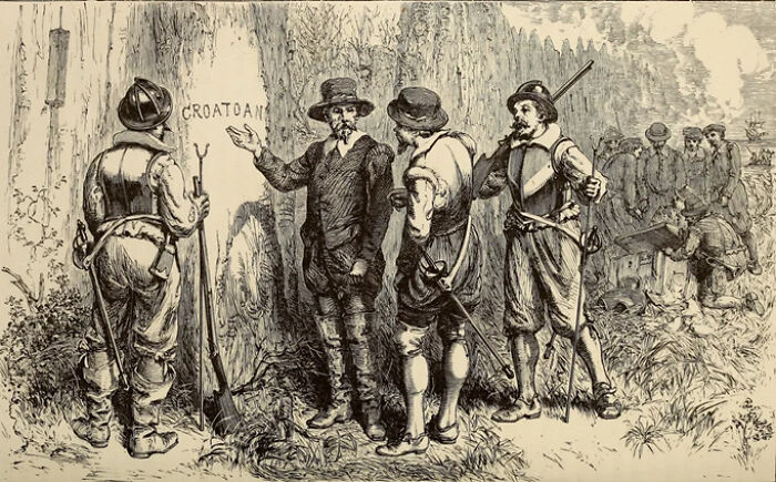 Illustration of explorers discovering the mysterious Croatoan carving, a famous urban myth and unexplained historical event.